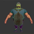 Muscular Game Movie Character With Blue T-shirt Brown Leather Apron And Arm Tattoo
