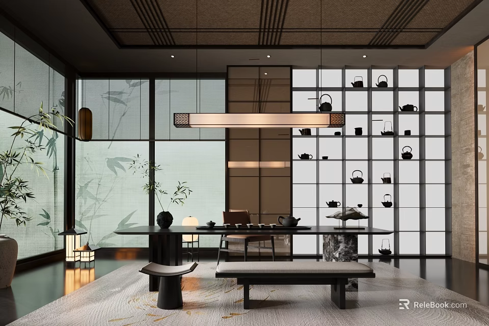 Traditional Modern Tea Room Interior With Bamboo Screens Tea Sets Display And Warm Lighting 3d model 