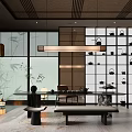 Traditional Modern Tea Room Interior With Bamboo Screens Tea Sets Display And Warm Lighting