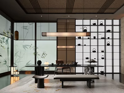 Traditional Modern Tea Room Interior With Bamboo Screens Tea Sets Display And Warm Lighting 3d model