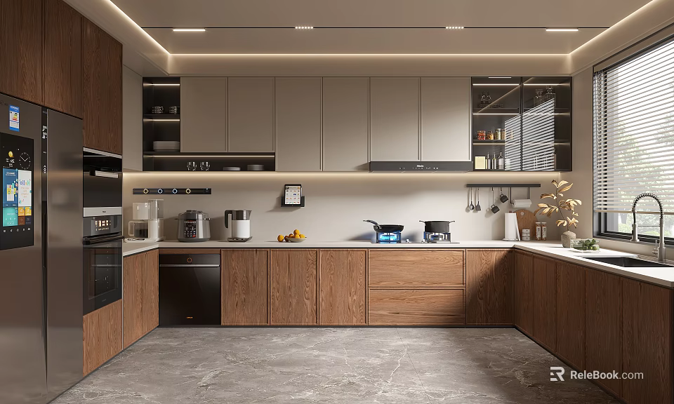 Modern Open Kitchen Interior Design With Wooden Cabinets Island Counter And Appliances 3d model 