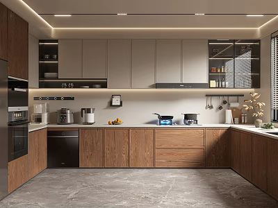Modern Open Kitchen Interior Design With Wooden Cabinets Island Counter And Appliances 3d model