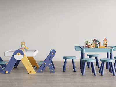 Colorful Children's Table With Blue Yellow Legs Chairs Stools And Play Toys 3d model