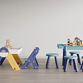 Colorful Children's Table With Blue Yellow Legs Chairs Stools And Play Toys