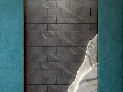 Patterned Dark Stone Tile Background Wall With Teal Surrounding Walls And White Marble Accent Lighting 3d model