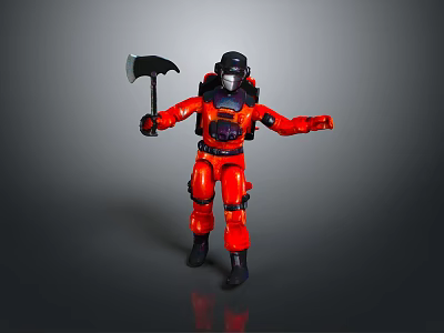 Game And Movie Character In Red Black Armored Outfit With Helmet Holding Axe 3d model