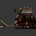 Tribal Tent Structure With Red Frame Animal Fur Roof Ivory Tusks And Wooden Barrel