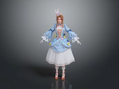 Young Girl In Blue Lolita Costume With Frilled Sleeves Lace Skirt And Bow Decorations 3d model