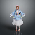 Young Girl In Blue Lolita Costume With Frilled Sleeves Lace Skirt And Bow Decorations