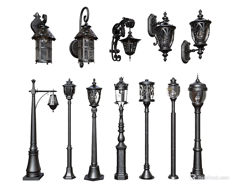 Various Outdoor Lights Featuring Wall Mounted And Post Mounted Vintage Designs 3d model 