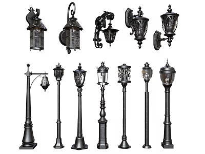 Various Outdoor Lights Featuring Wall Mounted And Post Mounted Vintage Designs 3d model