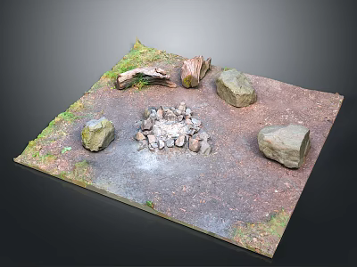 Natural Campfire Scene With Stones Arranged Around Wood On Dirt Ground And Grass Edges 3d model