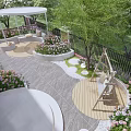 Cozy Courtyard Garden With Wooden Swing Green Trees Colorful Flowers And Wooden Deck