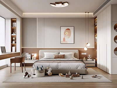 Modern Cozy Kids Room Interior With Bed Desk Toys Rug And Decorative Art 3d model