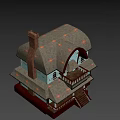 Game and Movie Characters Living in Weathered Blue House With Brown Roof Balcony and Staircase