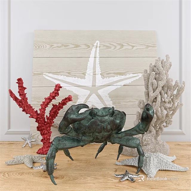 Natural Themed Decorative Ornament Set With Starfish Coral Crab And Wooden Backdrop 3d model 