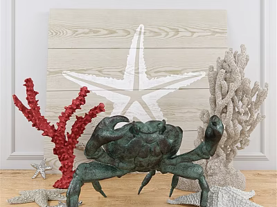 Natural Themed Decorative Ornament Set With Starfish Coral Crab And Wooden Backdrop 3d model