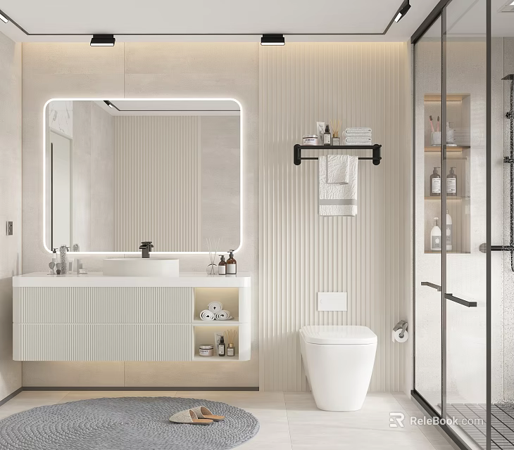 Modern Bathroom Interior With Large Illuminated Mirror Vanity Toilet And Glass Shower Enclosure 3d model 