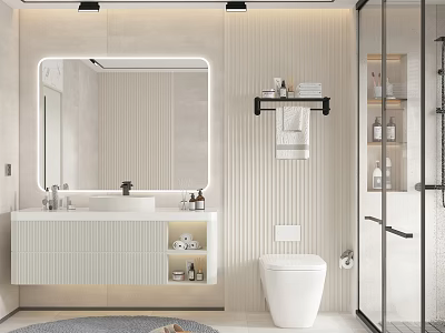 Modern Bathroom Interior With Large Illuminated Mirror Vanity Toilet And Glass Shower Enclosure 3d model