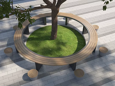 Circular Wooden Tree Pit With Surrounding Seating And Small Stools On Paved Ground 3d model