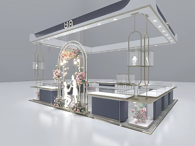 Elegant Jewelry Store Interior With Glass Display Counters Decorative Flowers And Mannequins 3d model