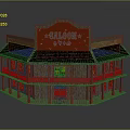 Traditional Wooden Two Story Saloon Building With Red Sign And Balconies