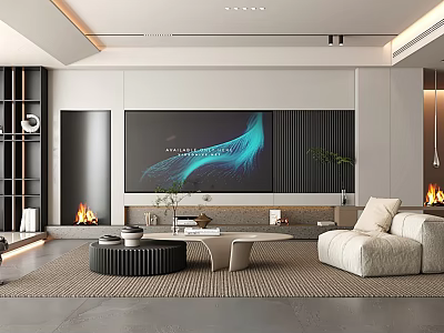 Modern Living Room Interior With TV Wall Sofa Coffee Table Fireplace And Decorative Lighting 3d model