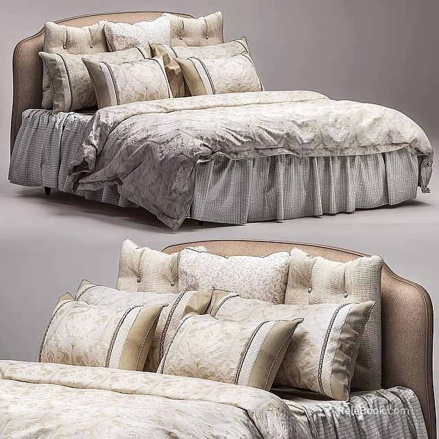 Double Bed In Bedroom Interior Design With Elegant Bedding Multiple Pillows And Decorative Bedspread 3d model 