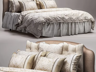 Double Bed In Bedroom Interior Design With Elegant Bedding Multiple Pillows And Decorative Bedspread 3d model