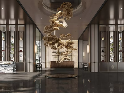 Luxury New Chinese Style Sales Office Lobby With Art Hanging Sculpture And Polished Marble Flooring 3d model