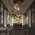 Luxury New Chinese Style Sales Office Lobby With Art Hanging Sculpture And Polished Marble Flooring