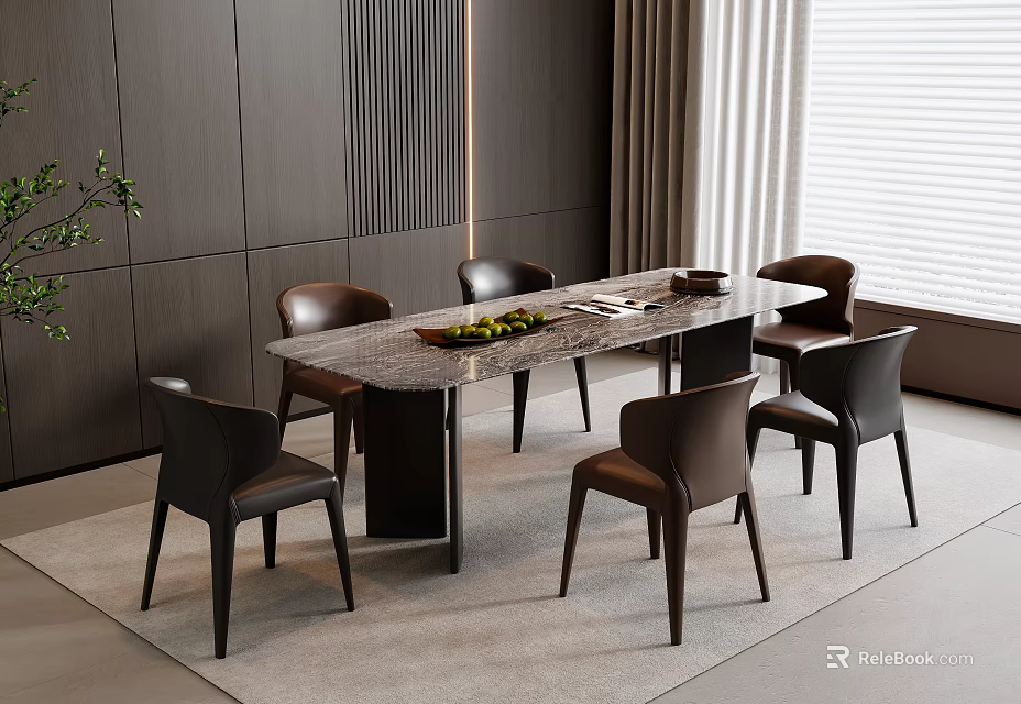 Modern Dining Table Set with Marble Top and Brown Black Leather Chairs near Window 3d model 