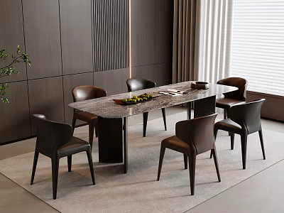 Modern Dining Table Set with Marble Top and Brown Black Leather Chairs near Window 3d model
