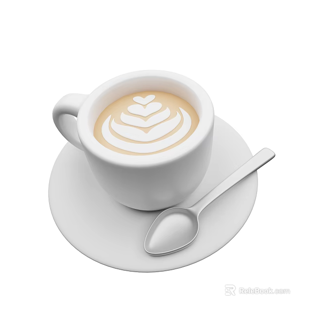 Creamy Latte Coffee With Heart Shaped Art In White Cup On Saucer And Spoon 3d model 