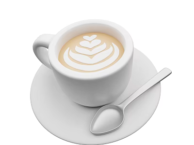 Creamy Latte Coffee With Heart Shaped Art In White Cup On Saucer And Spoon 3d model