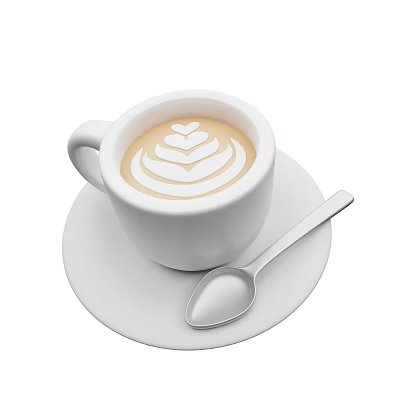 Creamy Latte Coffee With Heart Shaped Art In White Cup On Saucer And Spoon 3d model