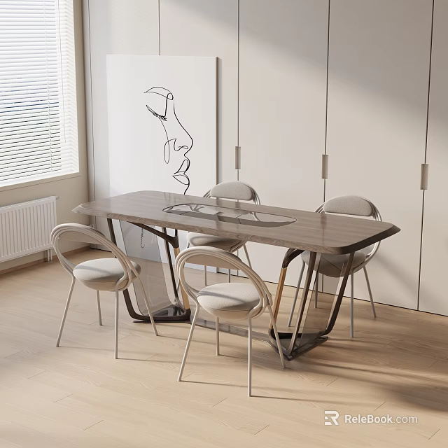 Modern Dining Table Set With Wooden Top Metal Frame Chairs Abstract Painting And Window Blinds 3d model 