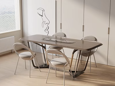 Modern Dining Table Set With Wooden Top Metal Frame Chairs Abstract Painting And Window Blinds 3d model