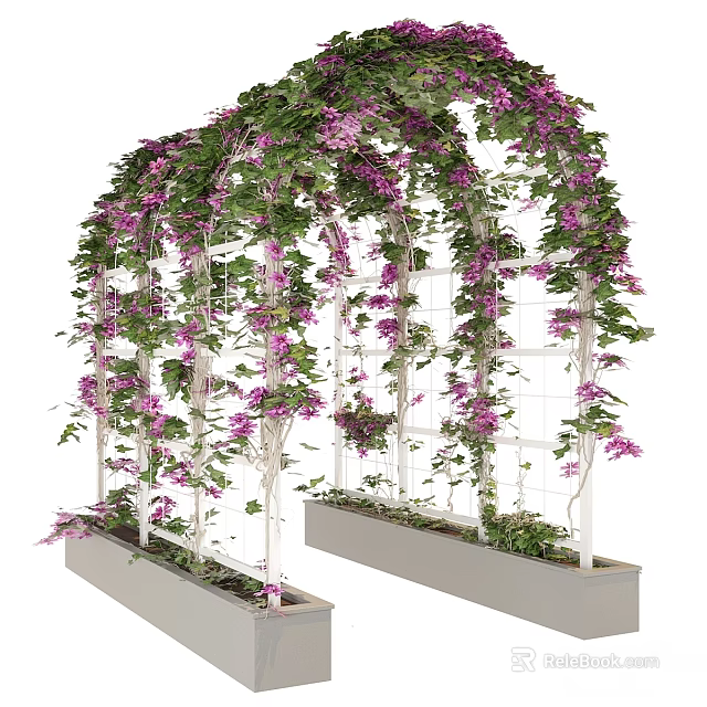 White Arched Arbor With Lattice Structure Base Planter Boxes Covered In Purple Vines And Flowers 3d model 