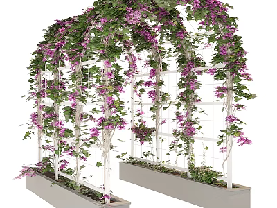 White Arched Arbor With Lattice Structure Base Planter Boxes Covered In Purple Vines And Flowers 3d model