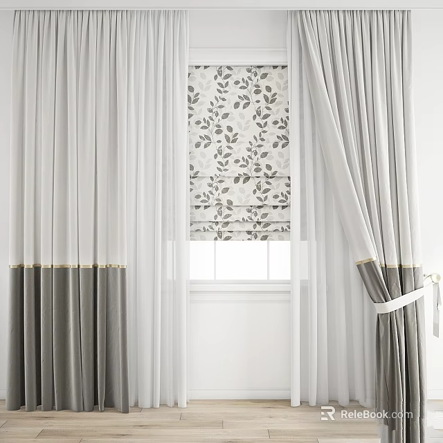 Gray Curtains With White Sheer And Leaf Pattern Roman Blind Gold Trim 3d model 