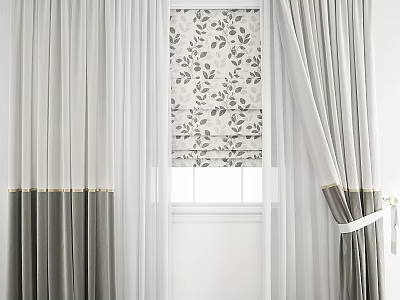 Gray Curtains With White Sheer And Leaf Pattern Roman Blind Gold Trim 3d model