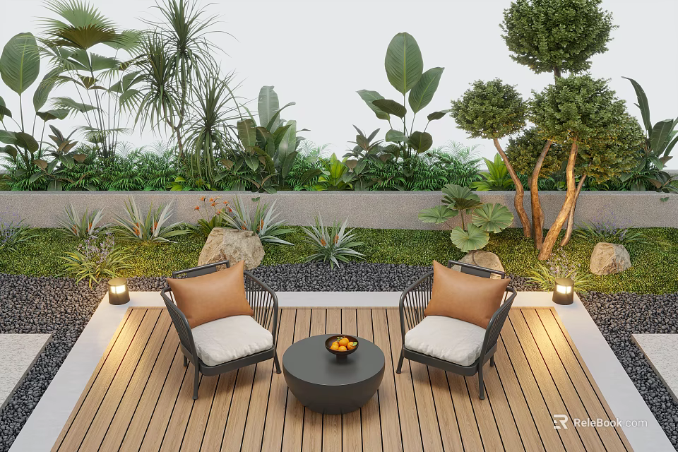 Courtyard Garden With Wooden Deck Outdoor Chairs Beige Cushions Small Round Table And Green Plants 3d model 