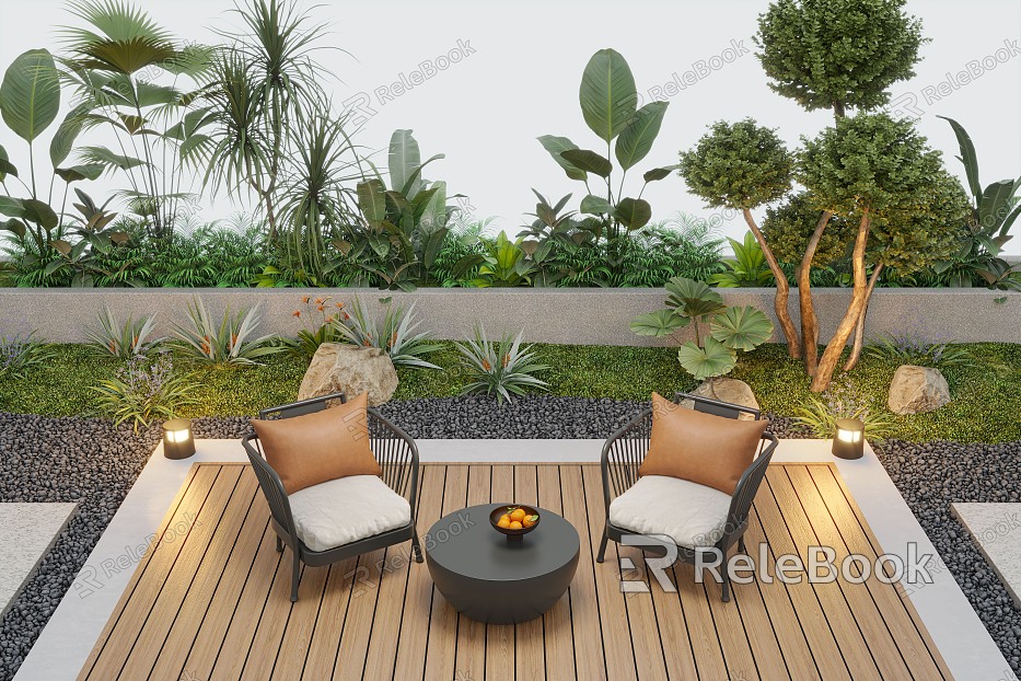 Courtyard Landscape Outdoor Leisure Chair Landscape Plant Plant Flower Pond model