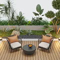 Courtyard Garden With Wooden Deck Outdoor Chairs Beige Cushions Small Round Table And Green Plants