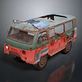 Rusty Old Red And Green Vehicle With Solar Panel On Roof 3d model