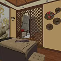 SPA Sauna Interior Design with Wooden Floral Ceiling Decorative Screen Massage Bed and Rose Petals