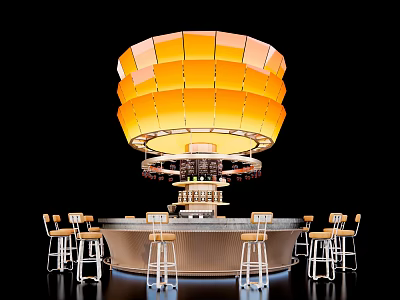 Stylish Modern Bar Counter With Large Yellow Pendant Light And Bar Stools 3d model