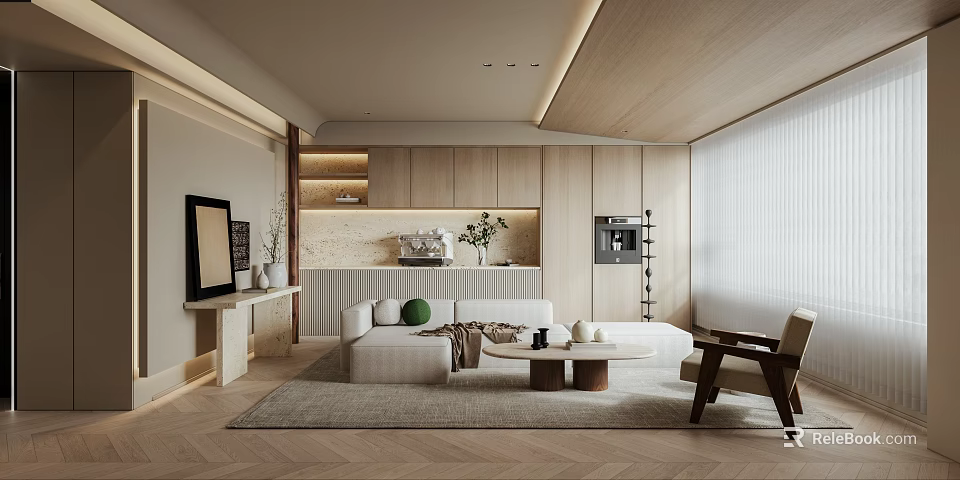 Modern Living Dining Room Interior With Wooden Ceiling Sofa Coffee Table And Decorative Art 3d model 