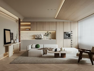 Modern Living Dining Room Interior With Wooden Ceiling Sofa Coffee Table And Decorative Art 3d model